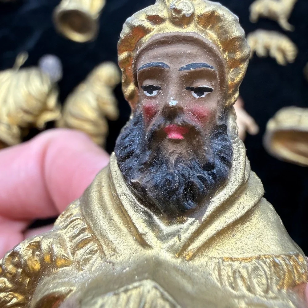 Vintage Gold Nativity Set 11 Piece Made in Italy hand painted Christmas MCM art